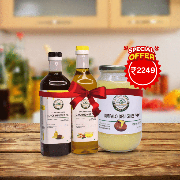 Gramin Bytes Buffalo Desi Ghee 500ml, Groundnut Oil 1L, and Black Mustard Oil 1L Combo – Pure and Ayurvedic Cooking Essentials